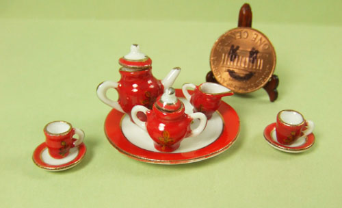 Collectible Red Eggshell Porcelain Tea Party Set - EP 05016